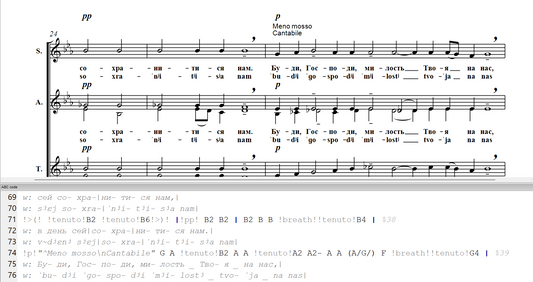 Auf dem Bild sieht man einen Teil aus der Nr. 12 der Ganznächtlichen Vigil von Rachmaninov. Im unteren Teil ist dieser Abschnitt im Abc System zu erkennen gegeben.
